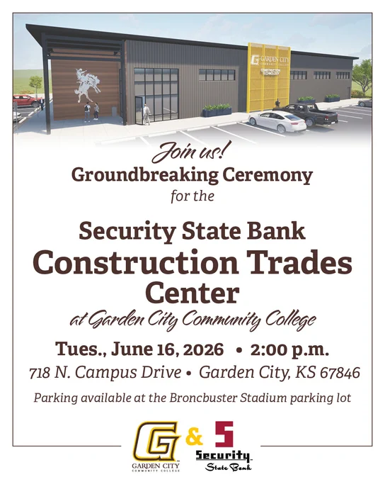 Modern architectural rendering of the new Security State Bank Construction Trades Center at Garden City Community College with parking and landscaping.