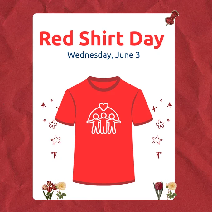 Graphic for Red Shirt Day on Wednesday, June 3. The design features a large red shirt with a symbol of people standing together beneath a heart, surrounded by decorative illustrations on a red background. The text reads “Red Shirt Day” and “Wednesday, June 3.”
