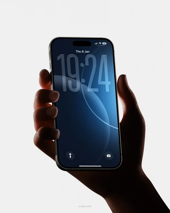 Minimal iPhone lock screen mockup featuring a dark navy and electric blue abstract wallpaper with soft translucent curves, displayed on a handheld iPhone against a clean light grey background.