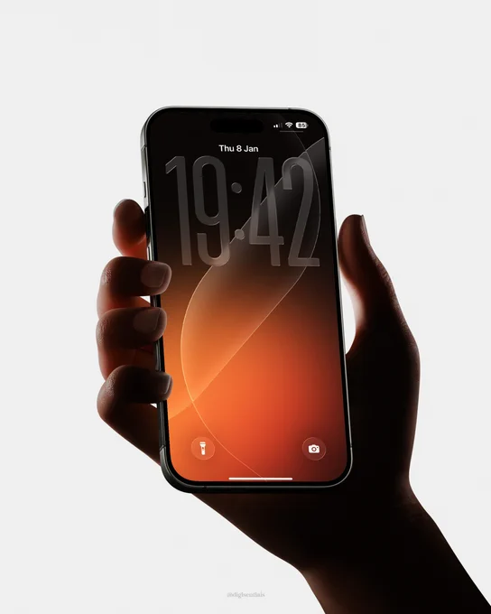 Minimal iPhone lock screen mockup featuring a black and warm orange abstract wallpaper with subtle translucent curves and gradient glow, displayed on a handheld iPhone against a clean light grey background.