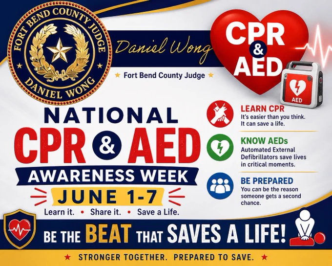 Graphic for National CPR & AED Awareness Week (June 1–7). It shows CPR and AED icons, safety tips on learning CPR, knowing AED locations, and being prepared. A large heart with “CPR & AED” appears on the right, with bold red, blue, and gold colors throughout. 