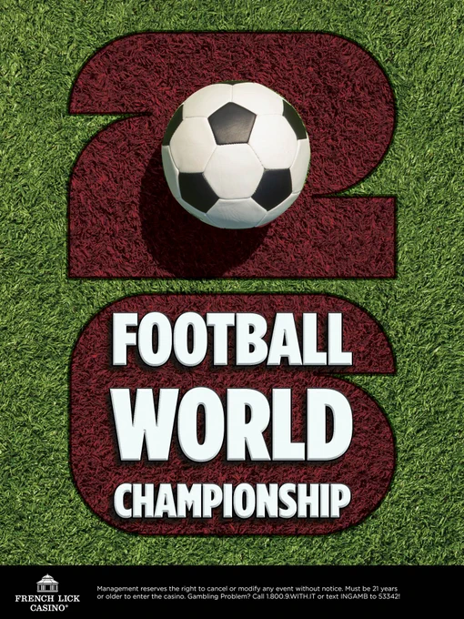 A soccer ball sits on grass above bold letters forming "2024 Football World Championship." The French Lick Casino logo is at the bottom.