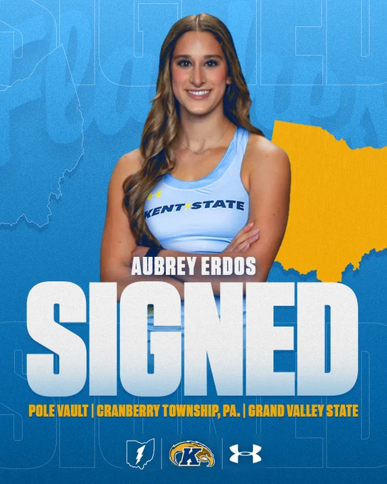 This image shows an athlete in a Kent State tank top, with arms crossed, and smiling. The background features the outline of a map and the text "Aubrey Erdos SIGNED" in large letters. Additional text at the bottom includes "Pole Vault," "Cranberry Township, PA," and "Grand Valley State," along with logos for the relevant institutions.