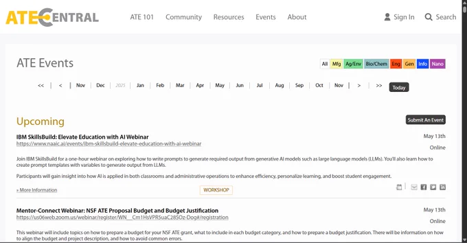 ATE Central Events Calendar webpage. 