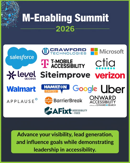 Dark blue gradient backdrop with a green border and a multi-colored interconnected globe behind the 2026 M-Enabling logo. In the middle is a white banner with sponsor logos: Salesforce, Crawford Technologies, T-Mobile Accessibility, Microsoft, ctia, Level Access, Siteimprove, Verizon, Walmart, Hamilton Captel, Google, Uber, Applause, BarrierBreak, Onward Accessibility/Onward Search, AFixT.