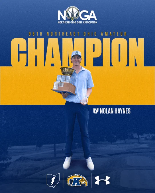 Kent State men's golf player Nolan Haynes smiles while holding a large championship trophy and crystal award after winning the 96th Northeast Ohio Amateur. The Northern Ohio Golf Association (NOGA) logo appears at the top of the graphic, with the word "CHAMPION" displayed in large gold letters across a blue and gold background. The Kent State Golden Flashes logo and Under Armour logo appear at the bottom.
