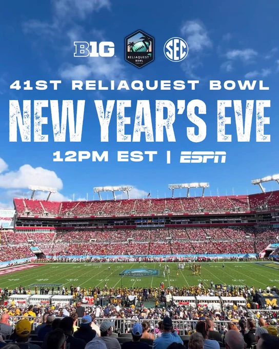 Promotional image for the 41st ReliaQuest Bowl taking place on New Year's Eve at 12PM EST, broadcast on ESPN. The stadium is filled with spectators under a clear blue sky.
