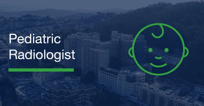 The image features the words "Pediatric Radiologist" in green text alongside a simple green line drawing of a baby's face. The background is an aerial view of a cityscape with buildings and trees.