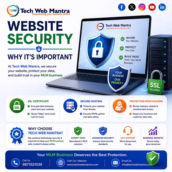 Tech Web Mantra website security services poster featuring SSL certificates, secure hosting, malware protection, cybersecurity solutions, website monitoring, and data protection. The design highlights the importance of securing business websites against cyber threats, protecting customer information, improving trust, and ensuring safe online operations.

website security services, website security company, SSL certificate services, secure hosting solutions, website protection services, cybersecurity solutions, malware protection services, website firewall security, website data protection, secure website development, website maintenance and security, business website security, cybersecurity company, website protection from hackers, SSL secured website, secure hosting provider, website monitoring services, online business security, website backup services, cyber attack prevention, secure cloud hosting, ecommerce website security, WordPress security services, website security consultant