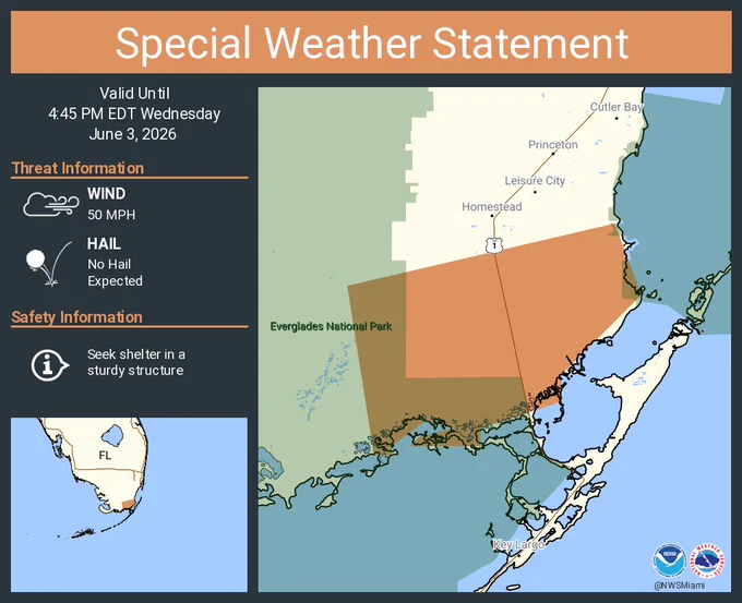 This graphic displays a special weather statement plotted on a map. The statement is in effect until 4:45 PM EDT.  The statement includes Miami-Dade County, FL.  The threats associated with this storm are wind gusts up to 50 MPH and no hail is expected. Seek shelter in a sturdy structure until the storm passes.