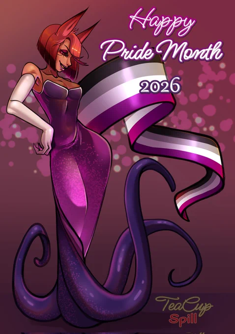 Fem alastor in a shimmery dress representing the asexual flag