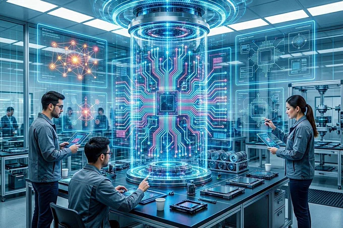 Engineers in a futuristic lab study a glowing holographic microchip and circuit diagrams on tablets.