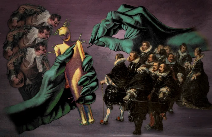 Two giant green witches hands; one holds a pin-skewered voodoo doll, the other is making ready to add more pins. Peering over the doll's shoulder are three dandies, leering suggestively. at the other extreme is a crowd of Dutch master-style fellows in black, looking on in affront.