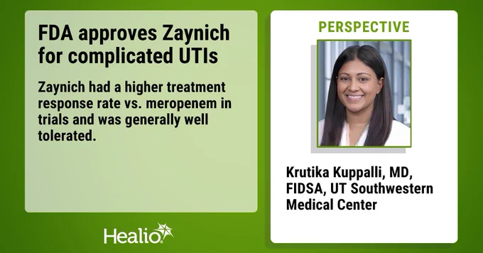 Informational banner about FDA approval of Zaynich for complicated UTIs. Includes expert insight from MD, Krutika Kuppalli.