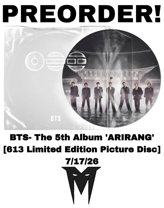 Promotional poster for BTS's 5th album 'ARIRANG' featuring a limited edition picture disc. The image includes a group of seven people in black suits standing in front of a lit structure, emphasizing a formal and exciting mood.