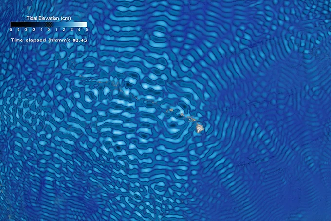 A data visualization showing internal tides data around the Hawaiian Islands from NASA Goddard's Space Flight Center simulation run.