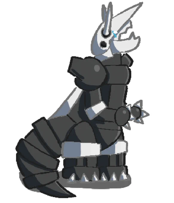 My first attempt at Aggron, from Day 114, which was captioned:

"its day 114 of #art everyday until im happy !

its the final day of Hoenn, so here's my last team member, Nasu, the Aggron !

I feel like there's something off, maybe the highlights and outlines on the steel parts being so faint/light? anyway, its pretty good regardless :3"