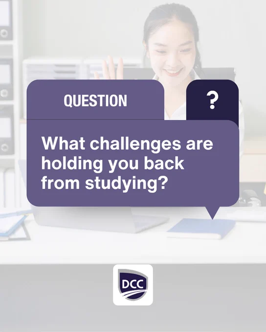 A smiling student waves during a virtual meeting while a large question graphic asks viewers what challenges may be preventing them from continuing or beginning their studies.