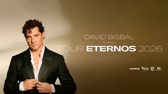 Promotional image for David Bisbal\u2019s Tour Eternos 2026 featuring the artist in a suit. TEXT: David Bisbal. Tour Eternos 2026. Live Nation. GTS. DB. AA Music Management.