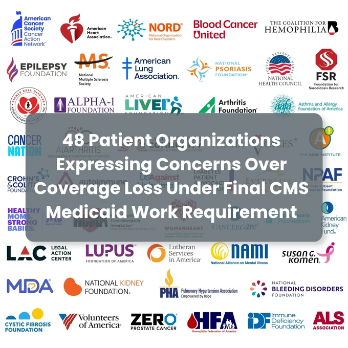 48 patient organizations express concerns over coverage loss under final CMS Medicaid work requirement. Logos of the 48 signatories.