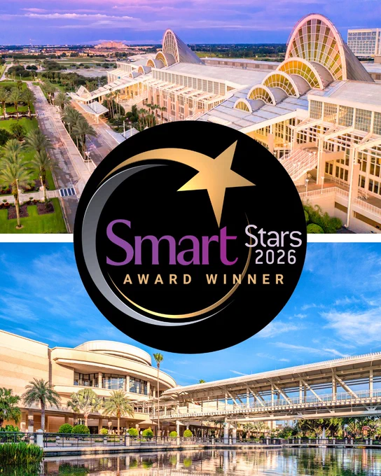 Exterior views of the Orange County Convention Center. A large circular emblem in the center says, "Smart Stars 2026 Award Winner".