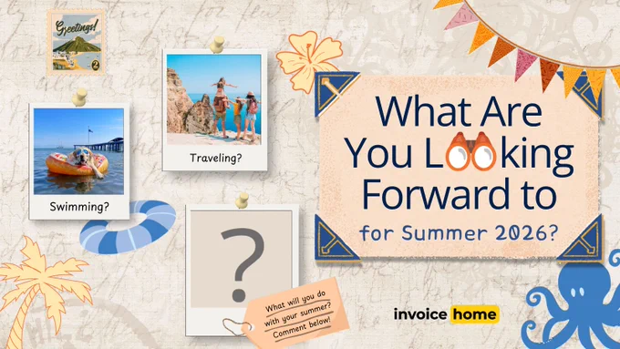 A colorful collage with summer activities like swimming and traveling, asking what plans you have for Summer 2026. The design is vibrant and inviting, with a playful and adventurous tone.