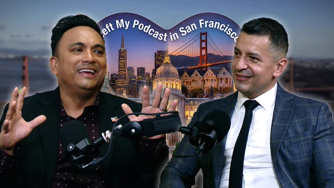 Podcast graphic for “I Left My Podcast in San Francisco” featuring host Franco Finn and guest Jorge Rivas, Executive Director of San Francisco’s Office of Civic Engagement and Immigrant Affairs, with San Francisco landmarks including City Hall and the Golden Gate Bridge in the background.