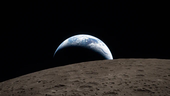 View from the Moon's surface showing Earth rising above the lunar horizon against a black space background. Courtesy of NASA.
