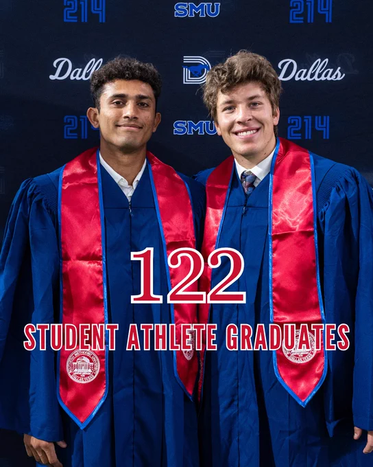 Two male SMU student athletes wit their graduation regalia on.