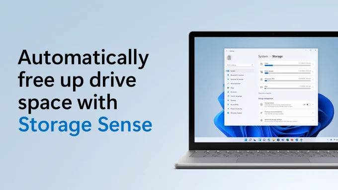 Text beside device render of Windows laptop with Storage settings on-screen says Automatically free up drive space with Storage Sense.