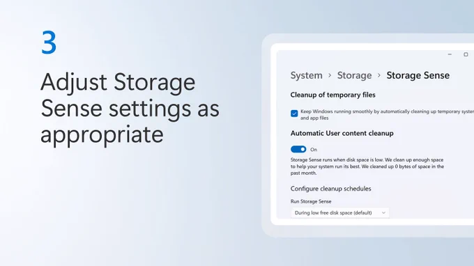 Text beside screenshot of Windows Storage Sense settings says Adjust Storage Sense settings as appropriate.