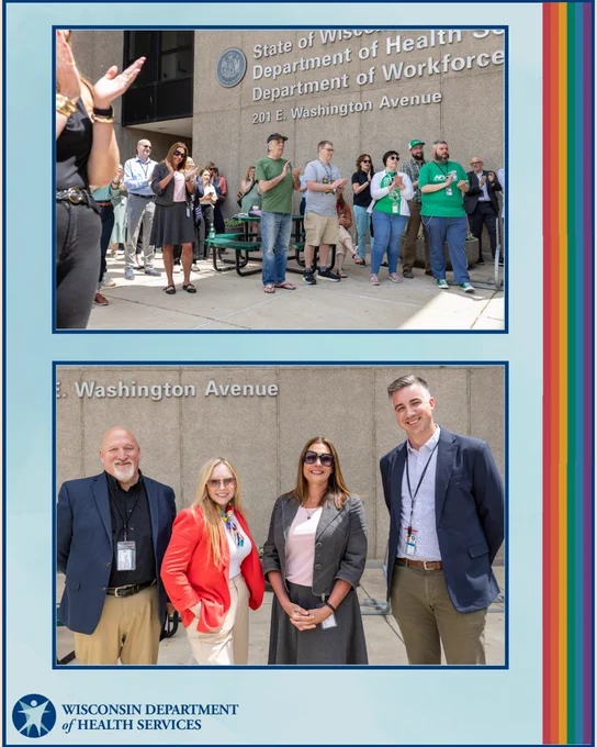 A group of employees clapping at the flag raising ceremony. Another picture of four people smiling at the camera. Wisconsin Department of Health Services logo.