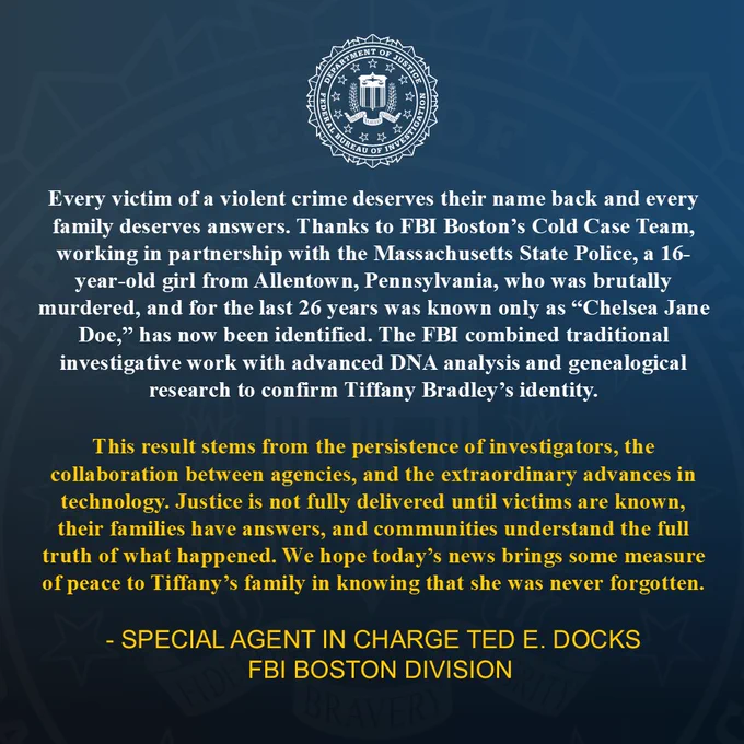 Statement from FBI Boston's Special Agent in Charge Ted Docks on FBI Boston's Cold Case Team's identification, using investigative genetic genealogy,  of Tiffany Bradly, a 2000 homicide victim.