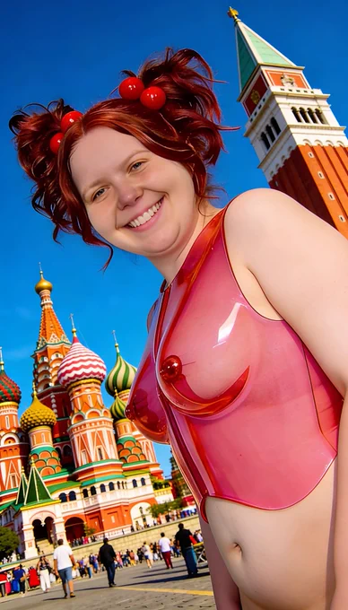 Feeling like a real-life doll in Moscow today 🍒💖 This shiny pink see-through PVC top is serving major main character energy right in front of the colorful domes of St. Basil’s. Cherry pigtails activated and the smile is permanent ✨