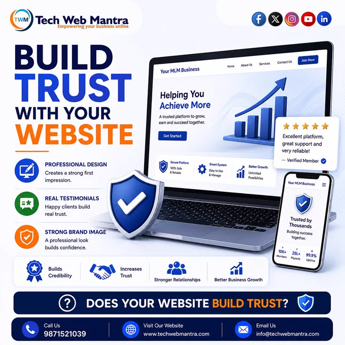 Professional website design and development promotional graphic by Tech Web Mantra showing a modern business website on laptop and mobile devices with trust, credibility, customer reviews, secure platform, brand building, business growth, responsive web design, website development services, and digital business solutions for companies across India.



website designing company India, web development company India, professional website design, business website development, responsive website design, custom website development, website development services, website redesign services, website design company, best website development company, corporate website design, small business website design, ecommerce website development, website maintenance services, mobile friendly website, SEO friendly website design, custom web solutions, business website company, website design agency India, affordable website development, website design services India, professional web design company, digital 