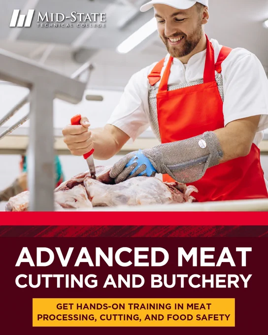 Mid-State graphic promoting Advanced Meat Cutting and Butchery with a butcher cutting meat.