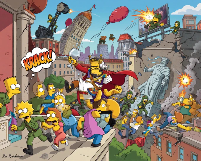 Cartoon‑style ‘Fall of the Empire’ scene illustrated in a bright, comedic Simpsons/Family‑Guy aesthetic. A massive imperial city collapses in exaggerated slapstick chaos: towers wobbling like rubber, walls cracking with big comic ‘KRACK!’ sound‑effect bubbles, citizens running with wide googly eyes and over‑the‑top expressions. The emperor stands on a balcony dramatically clutching a goblet as it spills everywhere, his cape flapping like a deflated balloon. Soldiers trip over each other, a catapult misfires and launches a soldier into a billboard, and a giant statue of the emperor tips over in slow‑motion. Vibrant color palette, thick black outlines, cartoon physics, comedic timing, expressive faces, dynamic motion lines, and satirical energy. 8k crisp cartoon detail, parody‑epic tone. tiny elegant cursive “Bic Revelation”, 0.02 height, inset 0.015 bottom‑left