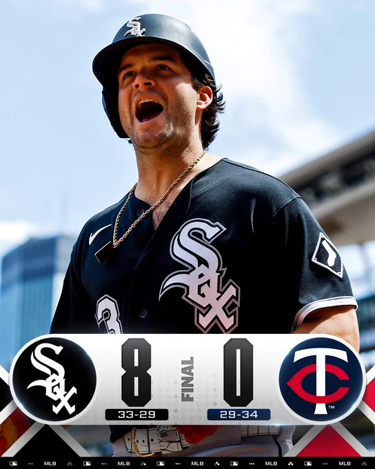 Final Score Graphic 06/03/2026
White Sox 8 (33-29) vs. Twins 0 (29-34)
Pictured: Andrew Benintendi celebrates after hitting a home run. He wears a black White Sox jersey and black batting helmet.