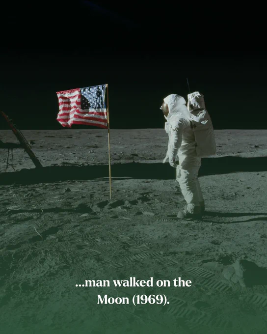 Historic color photograph of an astronaut standing on the lunar surface beside an American flag during the Apollo 11 mission. Text reads: "...man walked on the Moon (1969)."