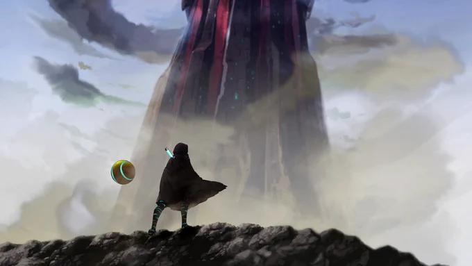 A shadowy, cloaked figure stands on a rocky outcrop, facing a large structure ahead of them.