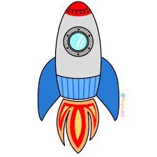 Red, gray, and blue rocket pointing up. Red and yellow flames.
