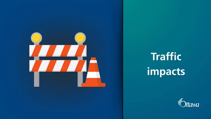 A graphic with a blue and green background with a pictogram of a construction gate. Traffic impacts is written on the side.