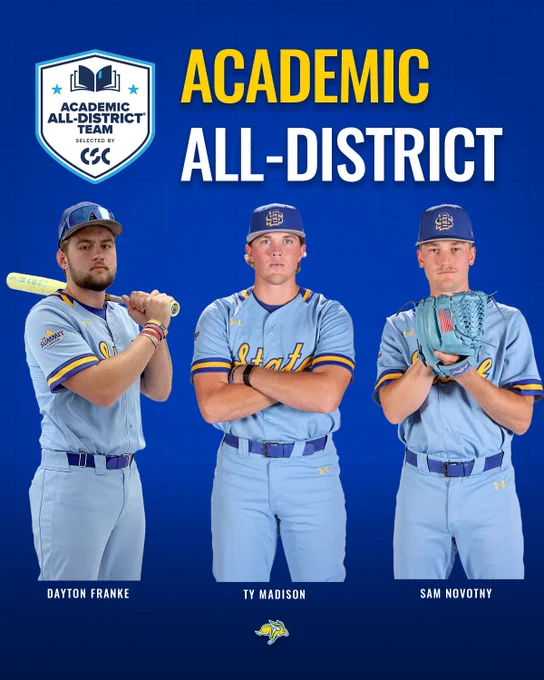 Graphic featuring South Dakota State's three honorees on the 2026 College Sports Communicators Academic All-District Team. The honorees were, from left, Dayton Franke, Ty Madison and Sam Novotny. 