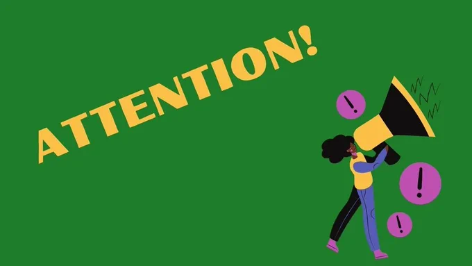 green background with yellow Attention!  cartoon woman with megaphone and exclamation points in purple bubbles