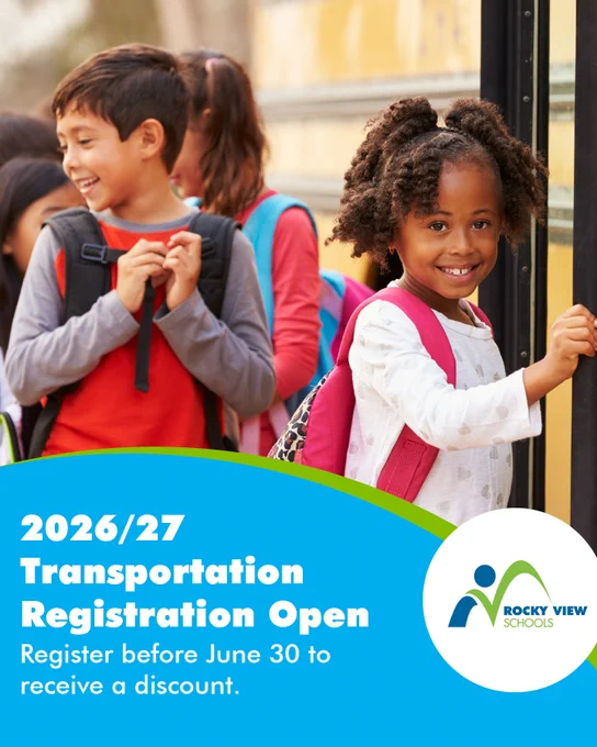 Children with backpacks boarding a school bus, highlighting Rocky View Schools' transportation registration for 2026/27 with a discount deadline of June 30.