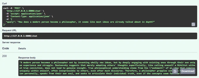 API returning a Dostoevsky-grounded answer to 'how does a modern person become a philosopher