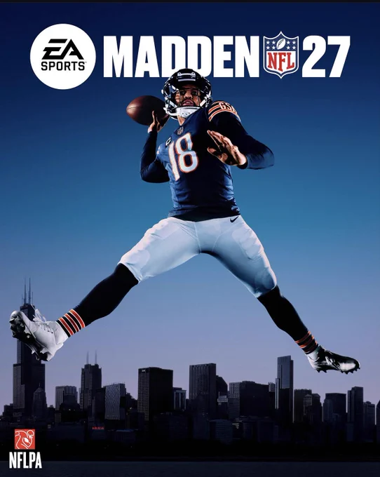 EA Sports Madden 2027 cover art featuring Caleb Williams leaping into the air for a pass with the downtown Chicago skyline behind him and the NFL Player's Association logo in the corner. 