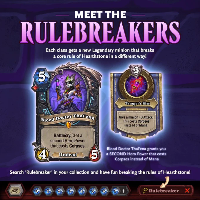 A Hearthstone graphic reading \"Meet the Rulebreakers,\" featuring the Legendary Blood Doctor Thal'ena (5 mana 4/5 Undead with a Battlecry that grants a second Hero Power that costs Corpses) alongside the Hero Power Vampyr's Kiss (Give a minion  3 Attack, costs 3 Corpses instead of mana), with text explaining each class gets a rule-breaking Legendary and a search bar showing \"Rulebreaker.\"