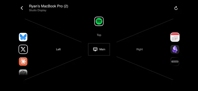 Screenshot of app showing app icon stacks place in quadrants, with a “Main” button in the middle.