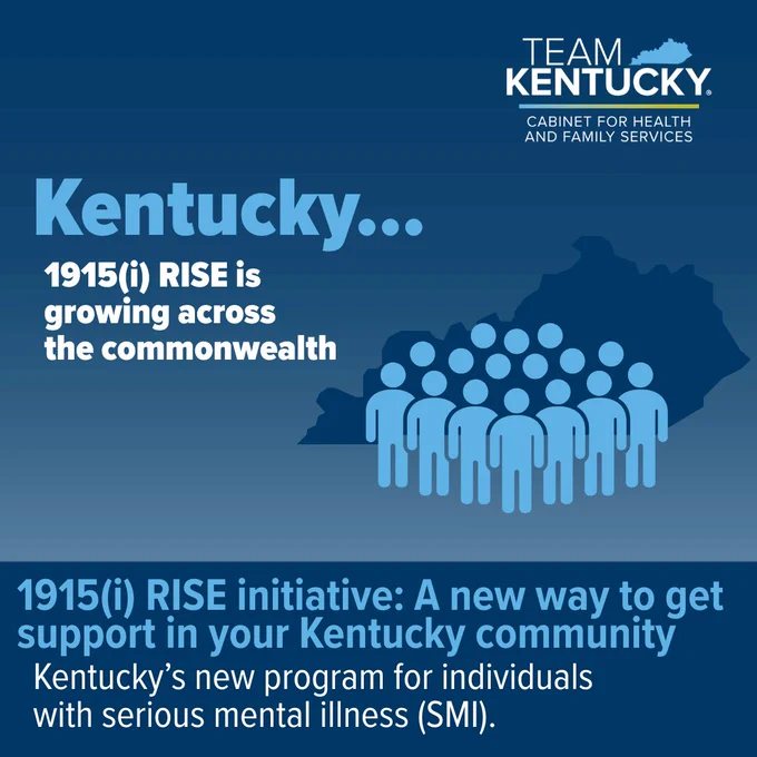 Kentucky...
1915(i) RISE is growing across 
the commonwealth
1915(i) RISE initiative: A new way to get support in your Kentucky community
Kentucky’s new program for individuals with serious mental illness (SMI).

The Team Kentucky Cabinet for Health and Family Services



